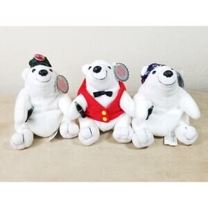 Coca Cola Christmas Polar Bear Bean Bag Plush w/ Tags 1997 1998 7" New x3 Vtg
